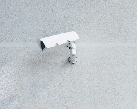 Caméra de vidéosurveillance fixée en hauteur sur un mur clair