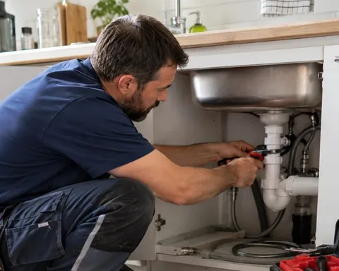 Plombier accroupi sous un évier de cuisine, en train de serrer un raccord de siphon avec une pince